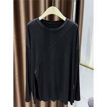 胖mm特大码300斤开叉长袖T恤女春夏宽松罩衫垂感遮臀运动拼接上衣