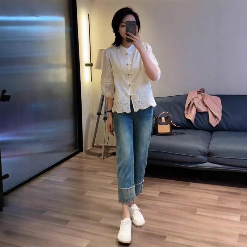 Spring 2025 New Chinese Style National Style Seven-Sleeve Shirt Women's Embroidered Small Elegant Thin Lace Shirt