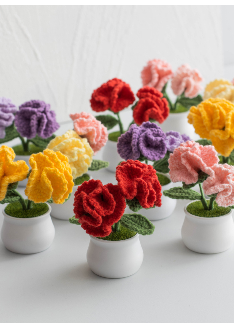 Hand-knitted double-headed carnation potted plants, finished woolen artificial flower ornaments, festival gifts, cross-border bestsellers at stalls pic 11