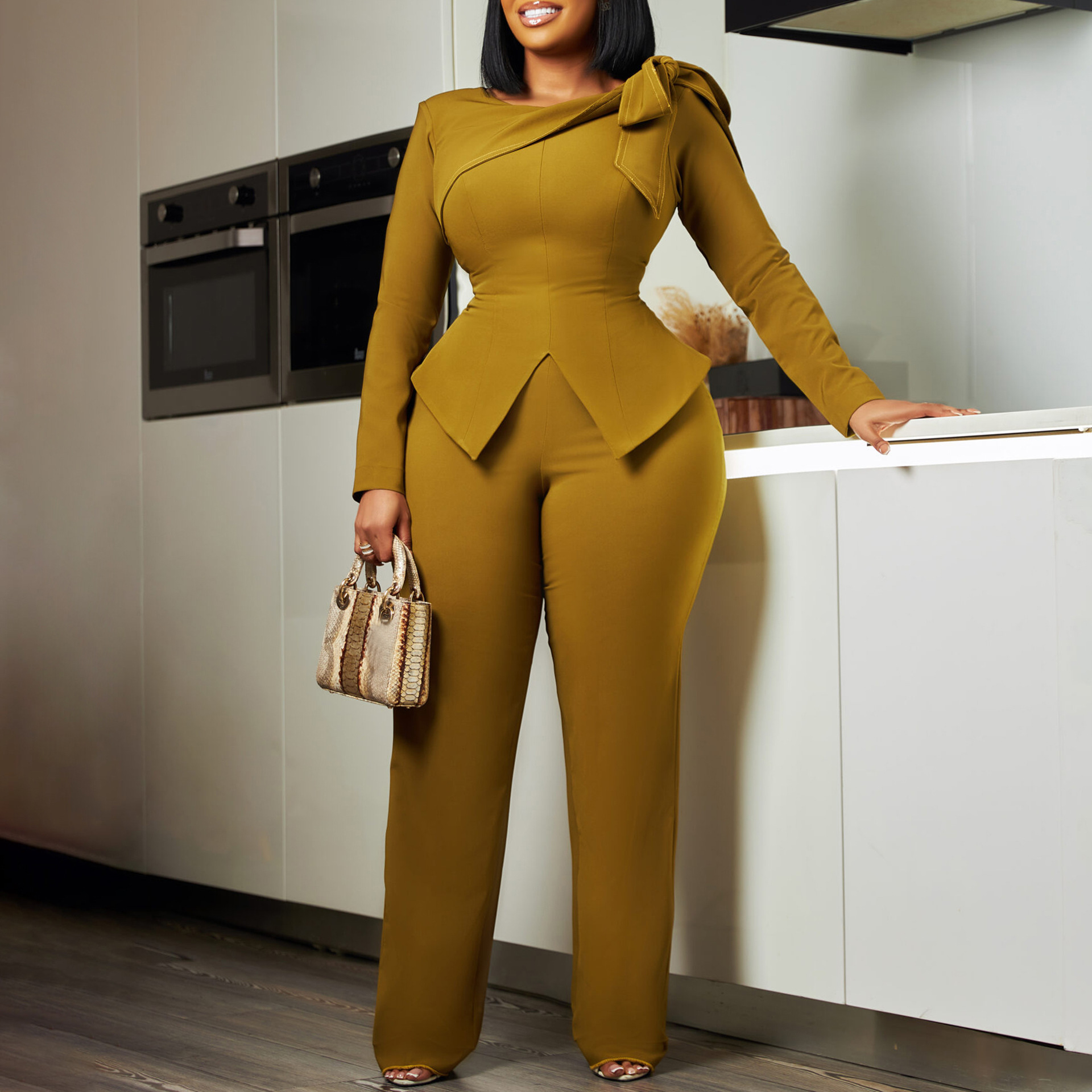 Women's Clothing Winter New Style Fashion Temperament Solid Color Long Sleeved Tops And Pants_voghion.com