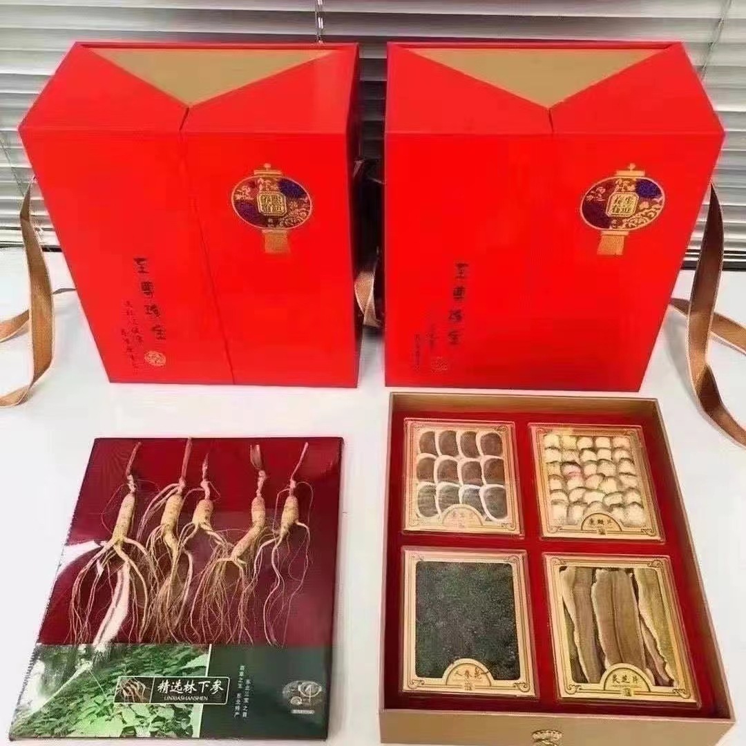 人参礼盒装长白山特产鹿茸人参花灵芝片西洋参双层五宝礼盒批发参