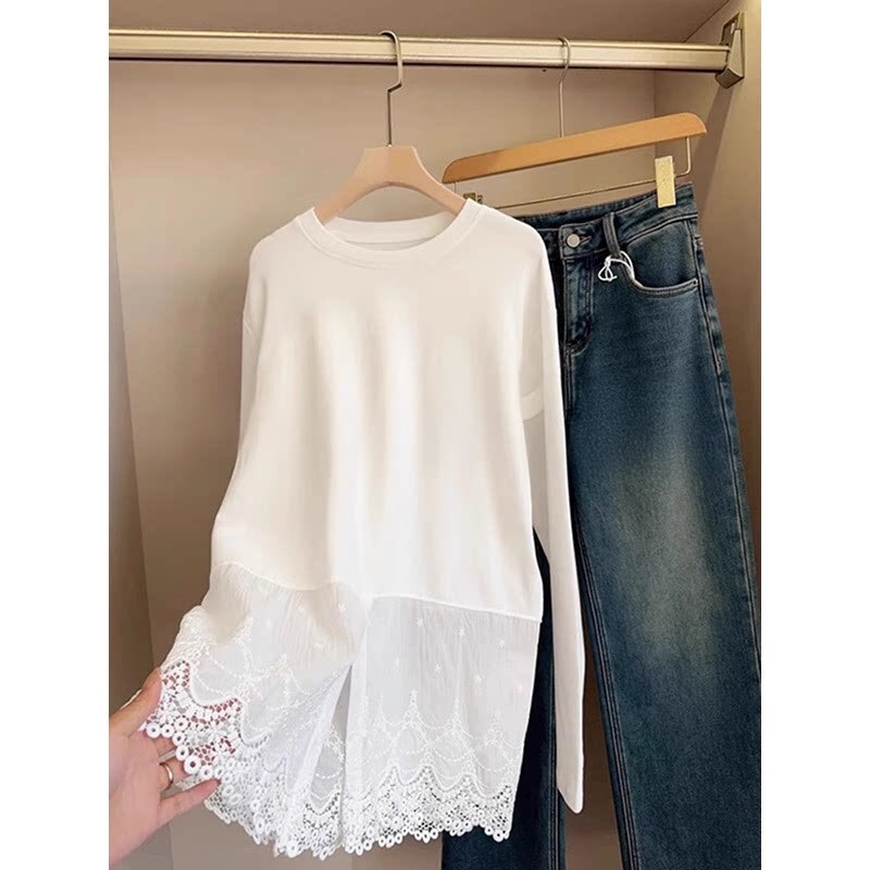 Lace-Trimmed Long-Sleeve Brushed White T-Shirt for Women, Stylish Spring and Autumn Mid-Length Top That Covers the Hips, Suitable as a Base Layer Lace-Trimmed Long-Sleeve Brushed White T-Shirt for Women, Stylish Spring and Autumn Mid-Length Top That Covers the Hips, Suitable as a Base Layer
