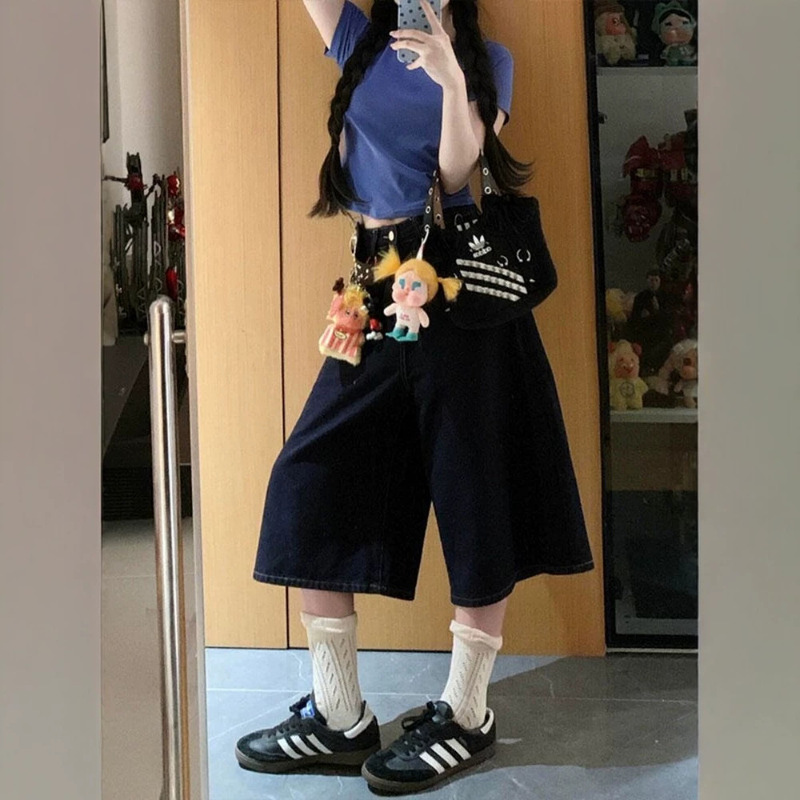 American retro style casual dark blue cropped denim shorts for women, new summer model, loose fit, slimming, versatile wide-leg mid-length pants