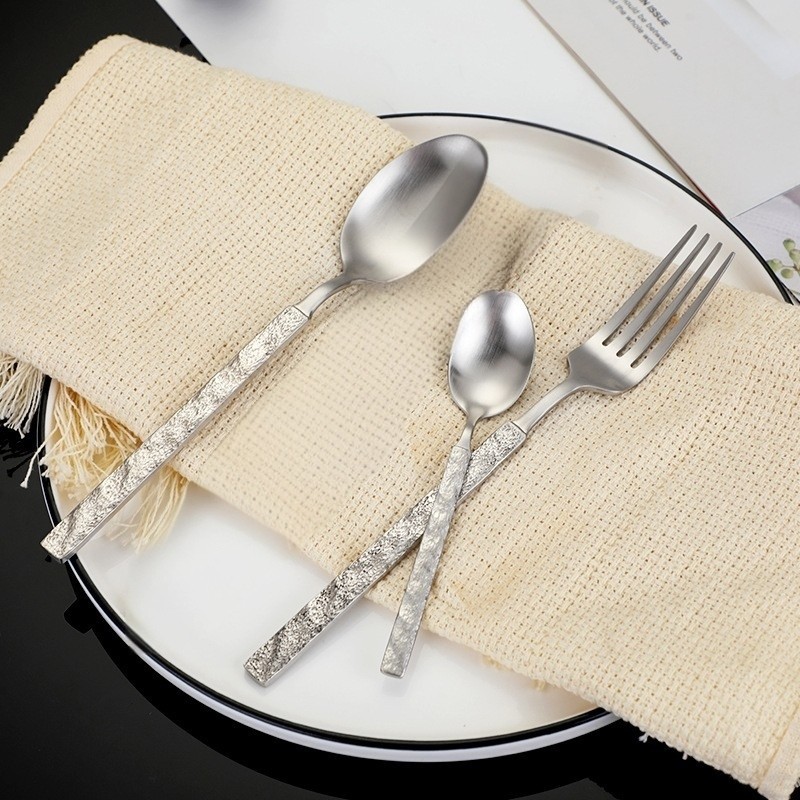 Stainless steel spoon with creative stone pattern, Western tableware, hotel supplies, high-end stainless steel knife, fork, and spoon 4-piece set