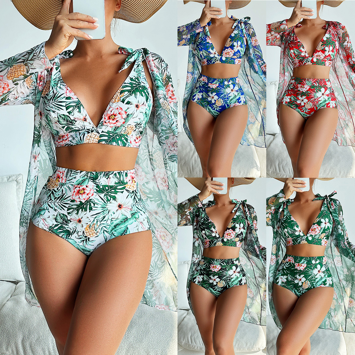Mingyi 2024 nueva moda europea y americana de alta gama sexy multicolor impreso BIKINI traje de baño de tres piezas para mujer