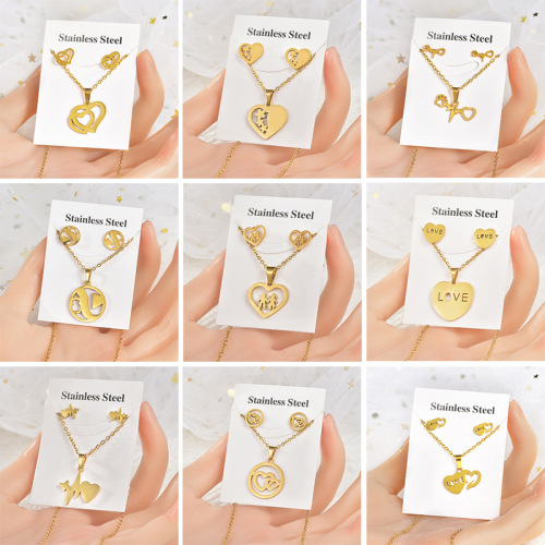 Titanium steel necklace geometric heart jewelry stainless steel earrings earring set two-piece foreign trade cross-border men women couple accessories