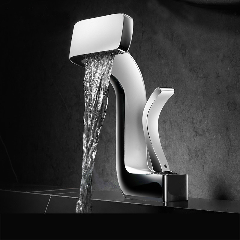 Cross-Border Waterfall Washbasin All-Copper Faucet Hot and Cold Bathroom Wide Mouth White Black Electroplated Bathroom Cabinet Single Hole