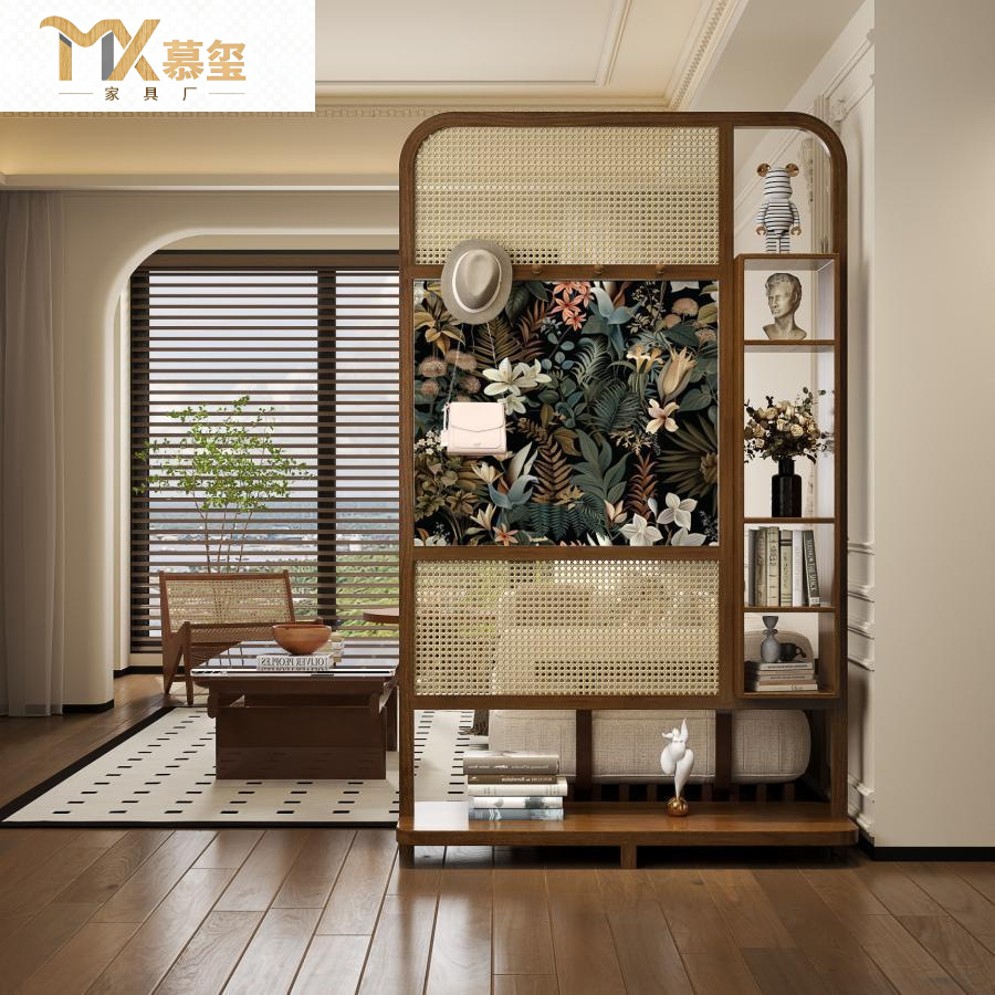 French-Style Movable Solid Wood Rattan Screen Partition Door Entryway Cover Living Room Vintage Decorative Shelf