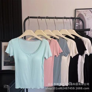 Pure Desire Style Lace Bow Short-sleeved T-shirt Women's Spring French Sweet Spice Girl Short Top Factory Outlet