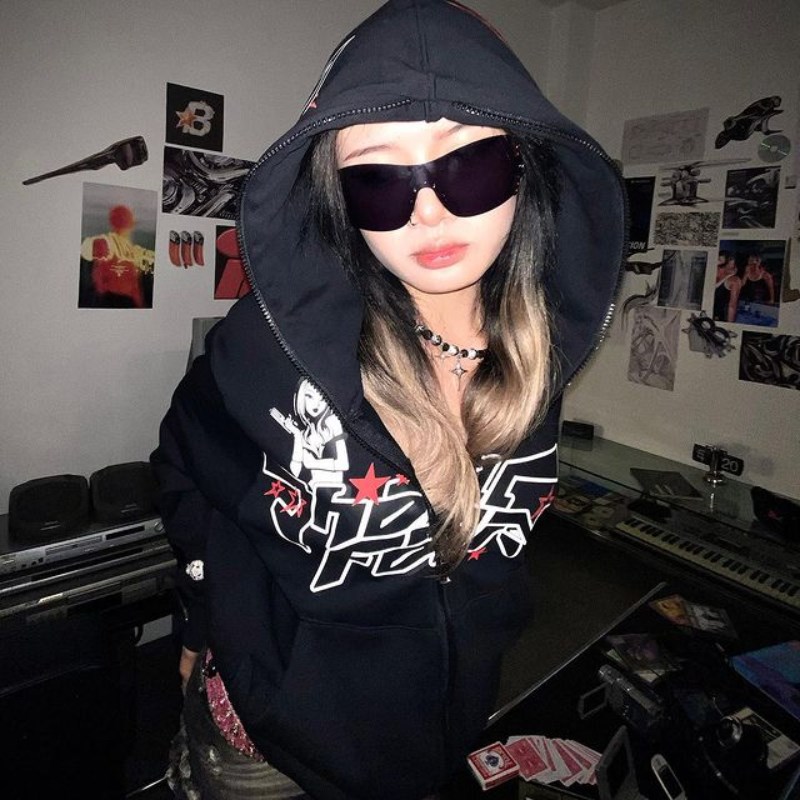 Felpa da strada da uomo con stampa a stelle e lettere, giacca con cerniera, stile gotico hip hop Y2K, uomo e donna, con cappuccio_voghion.com