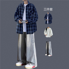 格子衬衫男长袖秋季穿搭套装潮牌痞帅青少年薄款衬衣日常显高一套