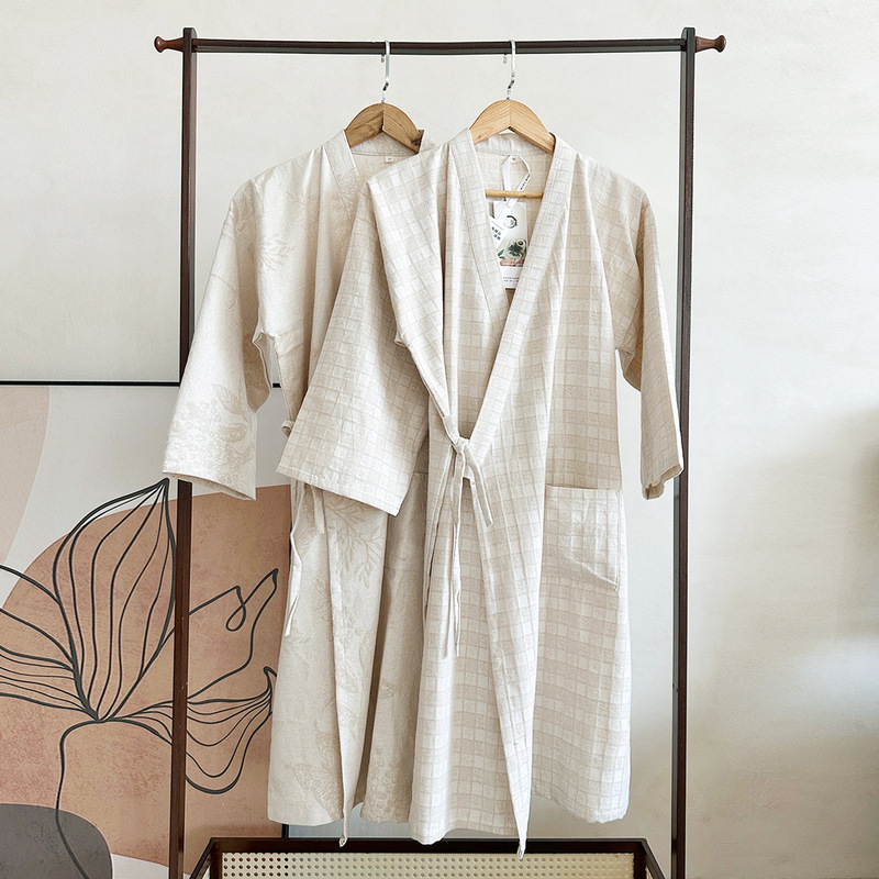 Hemp-cotton jacquard bathrobe, loose kimono style, moisture-absorbent and quick-drying, soft and breathable home spa bathrobe, available for direct shipping