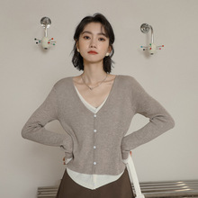 2023秋季新款韩版设计感假两件V领针织衫女长袖显瘦开衫毛衣外套