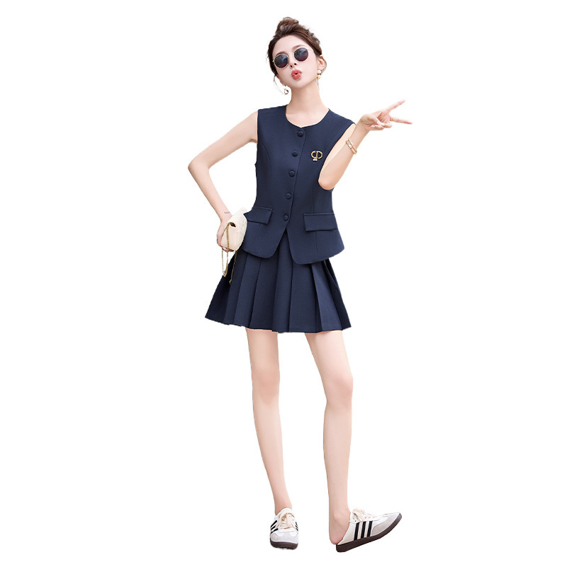 Xiaoxiangfeng スーツ女性の夏のファッション見栄えの良いファッションカレッジスタイルノースリーブベストプリーツスカート 2 点セット|undefined