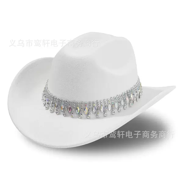 Cross-Border New Style Black Jazz Hat with Rhinestones, White Party Hat with Tassels and Gemstone Rhinestone Decorations