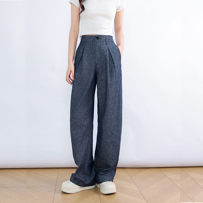 Lazy and Relaxed Cotton-Linen Wide-Leg Jeans for Women, Summer Thin Style, Cool High-Waisted Loose Straight-Leg Extended Length Women's Pants