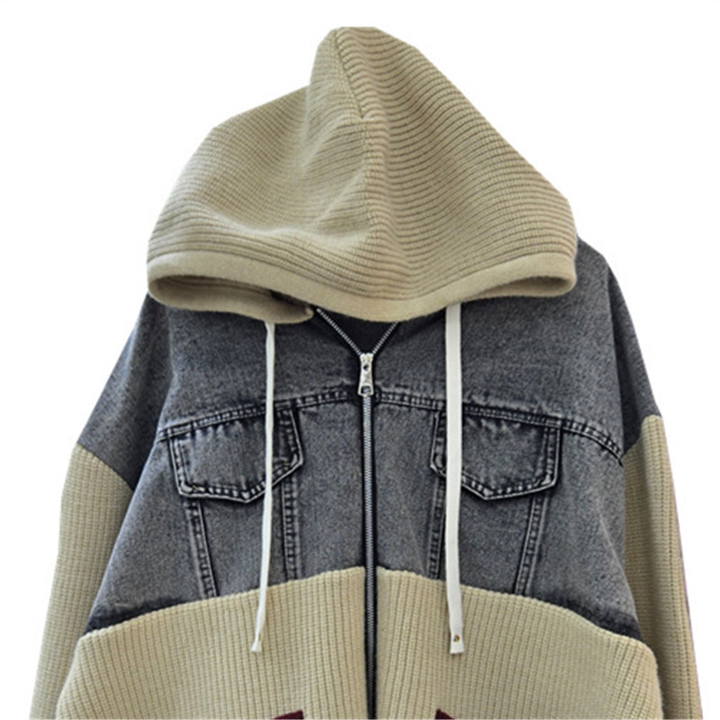 Capuzed empalme letras denim tejo 2025 otoño y invierno nuevo suéter de diseño de viento relajado sensación abrigo de moda