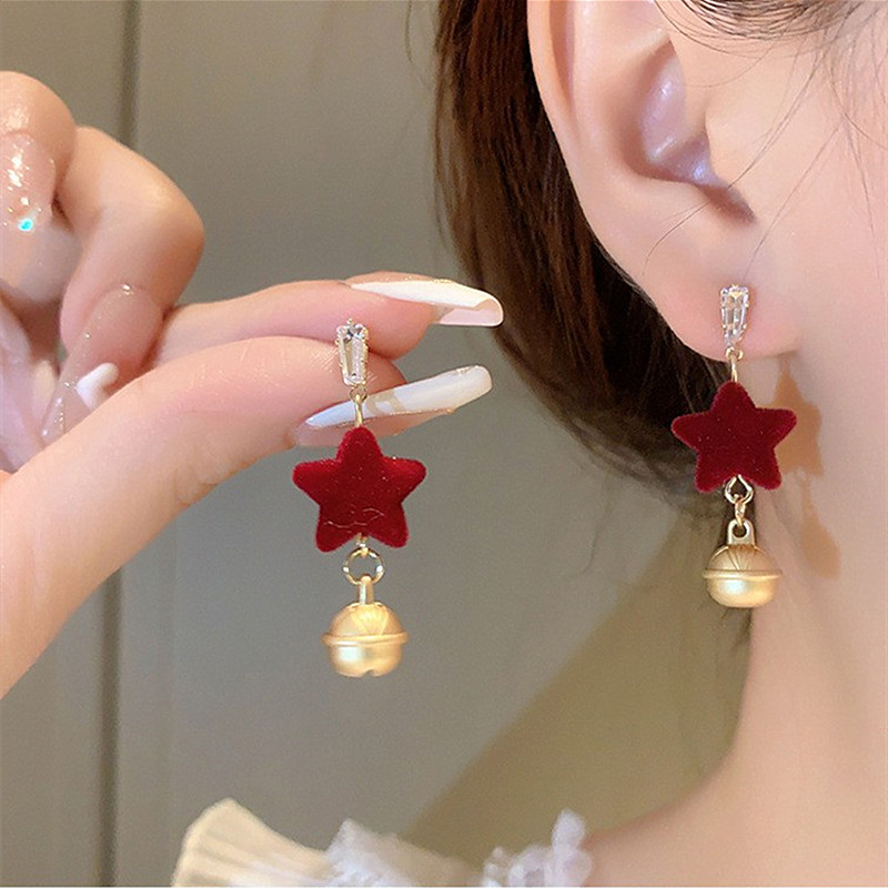 Brincos pendentes de pentagrama em veludo vermelho para mulher_voghion.com