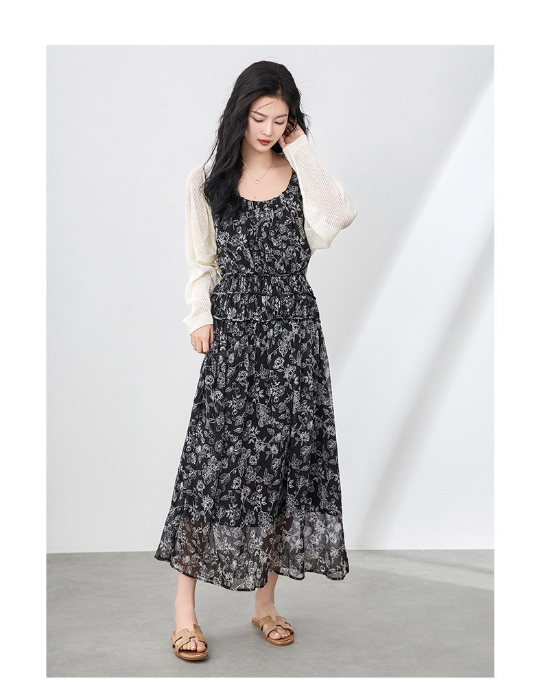 Váy maxi voan in họa tiết cổ điển Pháp mùa hè, dáng suông thắt eo — Màu đen chi tiết 6