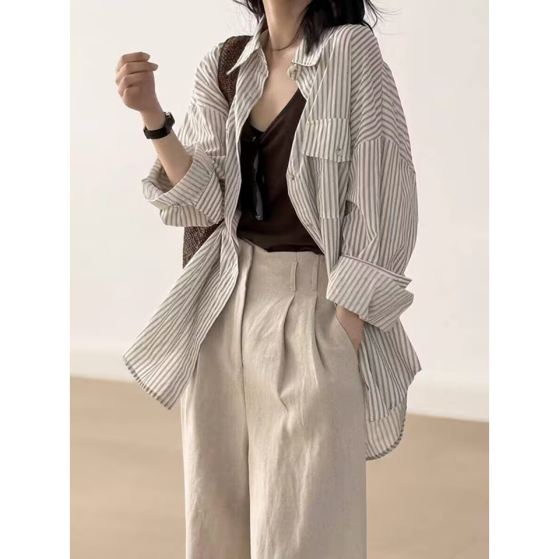早秋复古条纹长袖衬衫女宽松慵懒风设计感小众风独特上衣|undefined