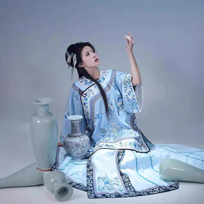 Traditional Costume Blue and White Porcelain Heavy Industry Printing Chinese Style Late Qing Dynasty Han Dynasty Female Business Jin Young Granny Dress Horse Face Skirt suit