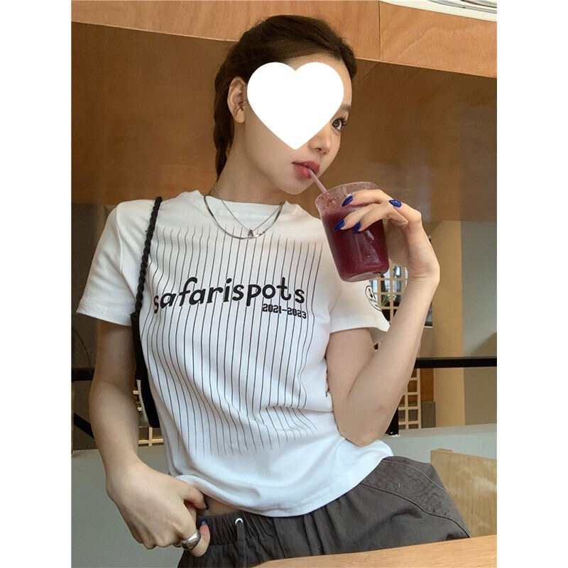 [210g 40 Count Pure Cotton] American Right Shoulder T-Shirt for Women with Stripesd Letter Print Design Short Sleeves Gray