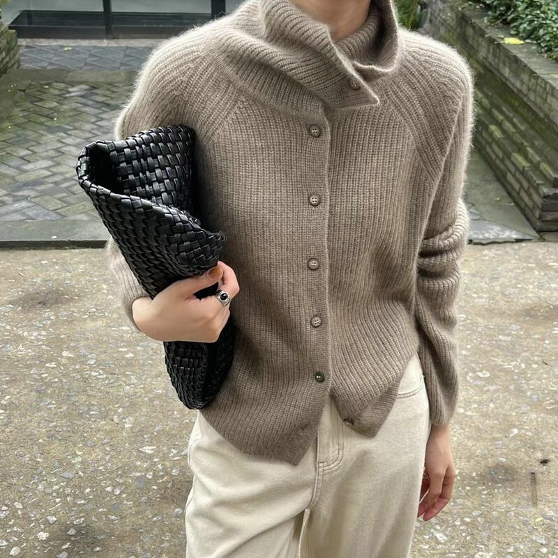Korean Style High Neck Solid Color Knitted Cardigan Vintage Design Sense Thin Pit Sweater Loose Lazy Single-Breasted Women's Clothing Korean Style High Neck Solid Color Knitted Cardigan Vintage Design Sense Thin Pit Sweater Loose Lazy Single-Breasted Women's Clothing
