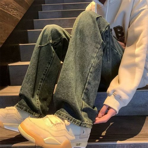 Men's Spring and Autumn and Winter American Street Style Trendy High-End Design Loose Retro Straight Leg Jeans