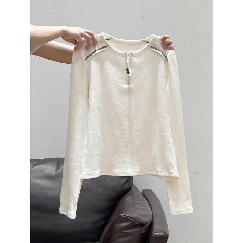 Korean Style White Round Neck Half-Zip Brushed Thickeneded Long-Sleeved T-Shirt Autumn and Winter New Bottoming Shirt Inner Top Women's Clothing Korean Style White Round Neck Half-Zip Brushed Thickeneded Long-Sleeved T-Shirt Autumn and Winter New Bottoming Shirt Inner Top Women's Clothing