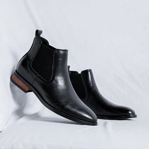 Black British Chelsea men's high-top simple high-end casual business formal pointed leather boots 8100-R