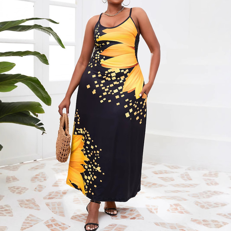 European and American Amazon Wish Sleeveless Long Dress Women's Positioning Printed Large Swing Skirt Bohemian Retro Long Skirt