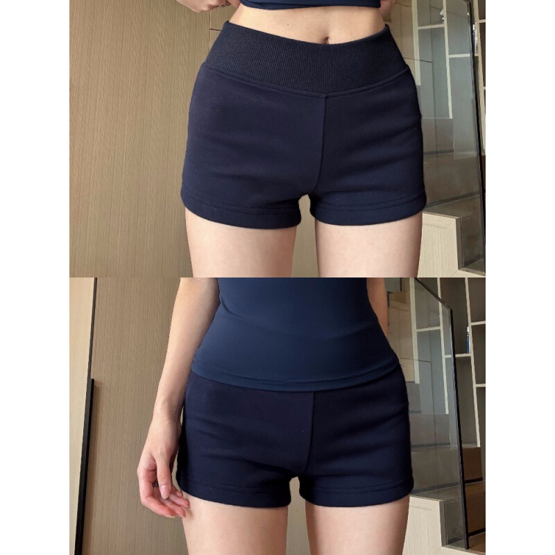 American-Style Navy Blue Low-Waist Sports Shorts for Women, Summer Thin Slim-Fit Yoga Shorts