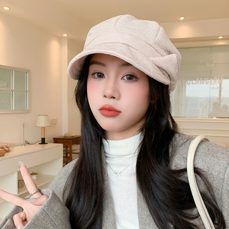 秋冬时尚百搭蝴蝶结马术帽韩系新款褶皱防风八角帽户外休闲帽子女|undefined