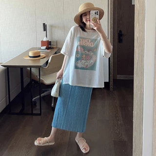韩版简约风纯色直筒半身裙三宅2025年夏季高腰显瘦蓝色褶皱中长裙