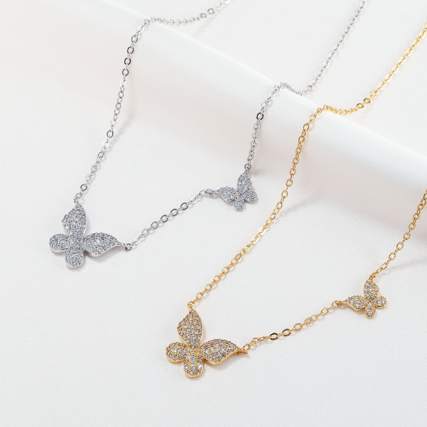Korean style butterfly copper plated 18K gold inlaid zircon clavicle chain