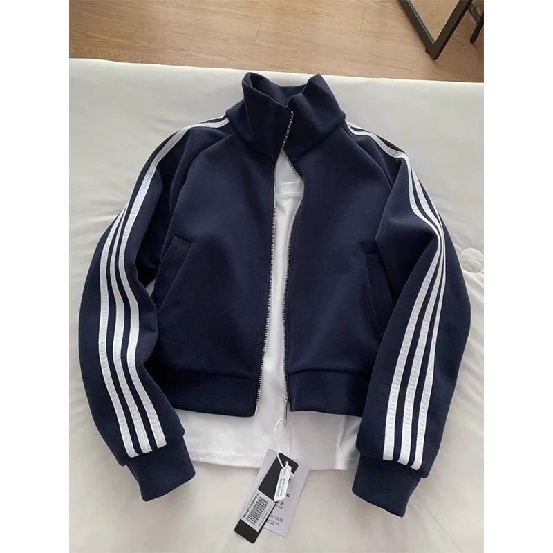 山东即墨卫衣藏青色两条杠女立领上衣复古棒球服秋夹克显瘦外套|undefined