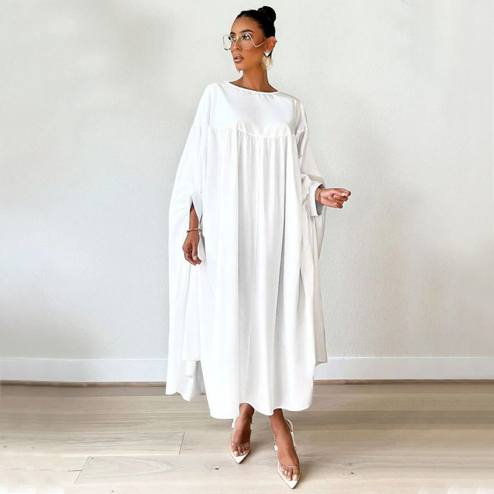 Women Clothing Autumn Winter Solid Color round Neck Loose Pleated Irregular Asymmetric Dress