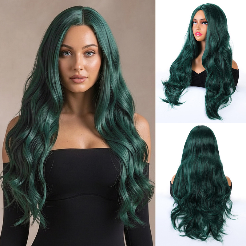 European and American Cross-Border Dark Green Big Wavy Curly Hair Wig with Front Lace, Long Curly Hair, Naturally Fluffy, Daily Wig European and American Cross-Border Dark Green Big Wavy Curly Hair Wig with Front Lace, Long Curly Hair, Naturally Fluffy, Daily Wig