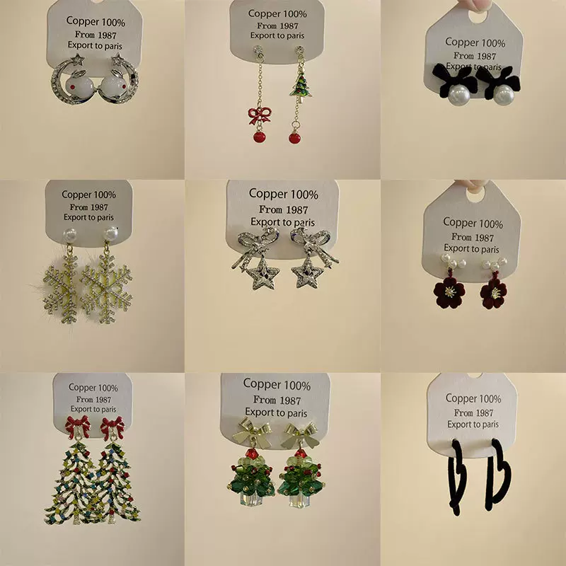 欧美跨境圣诞氛围感甜美耳环蝴蝶结圣诞树雪花彩钻happy流苏耳环