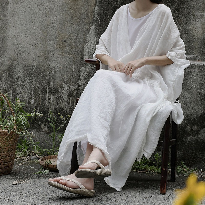 Shan Qiannian Yi Summer Mori Breathing Long Dress Ramie Artistic Robe Travel Zen Dress