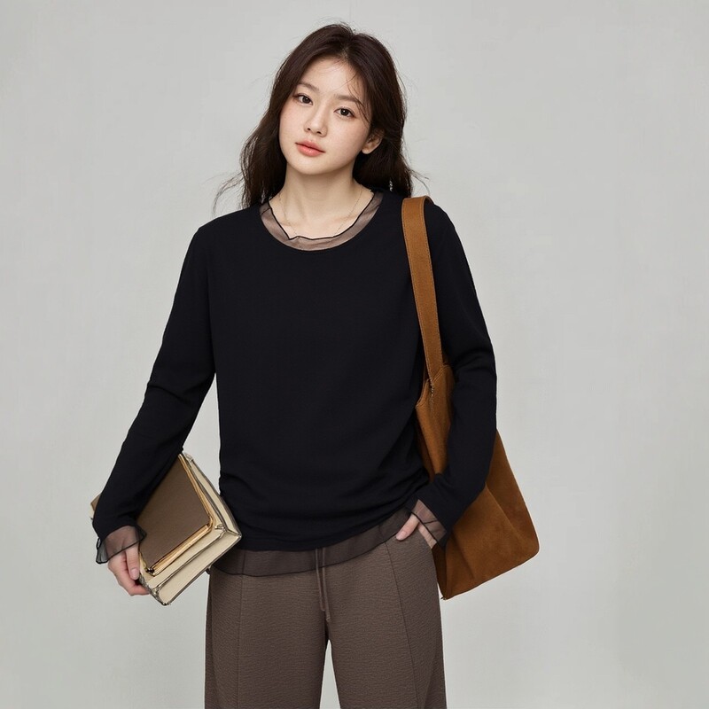 100kg Plus-Size Women's Stylish Top with Sheer Mesh Patchwork, Regular Shoulder, Loose Fit, Tummy-Concealing Knit Base Layer 3612