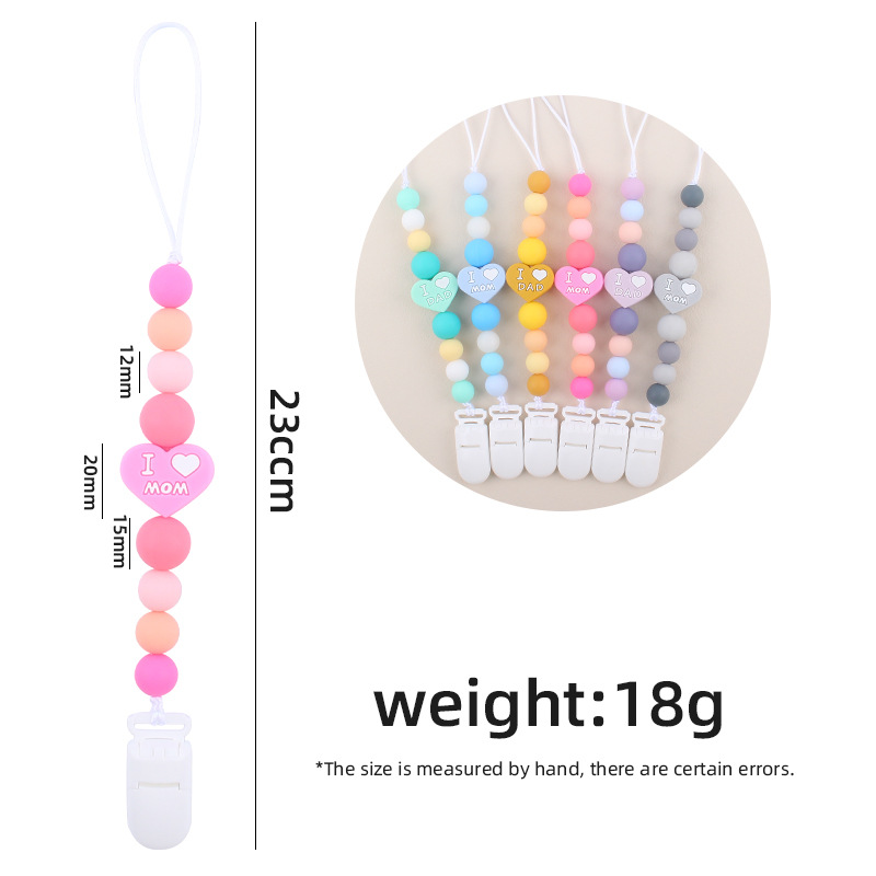 Bebé de dibujos animados amor dos lados mamá papá silicona mordedor calmante bebé chupete cadena a prueba de mordedura