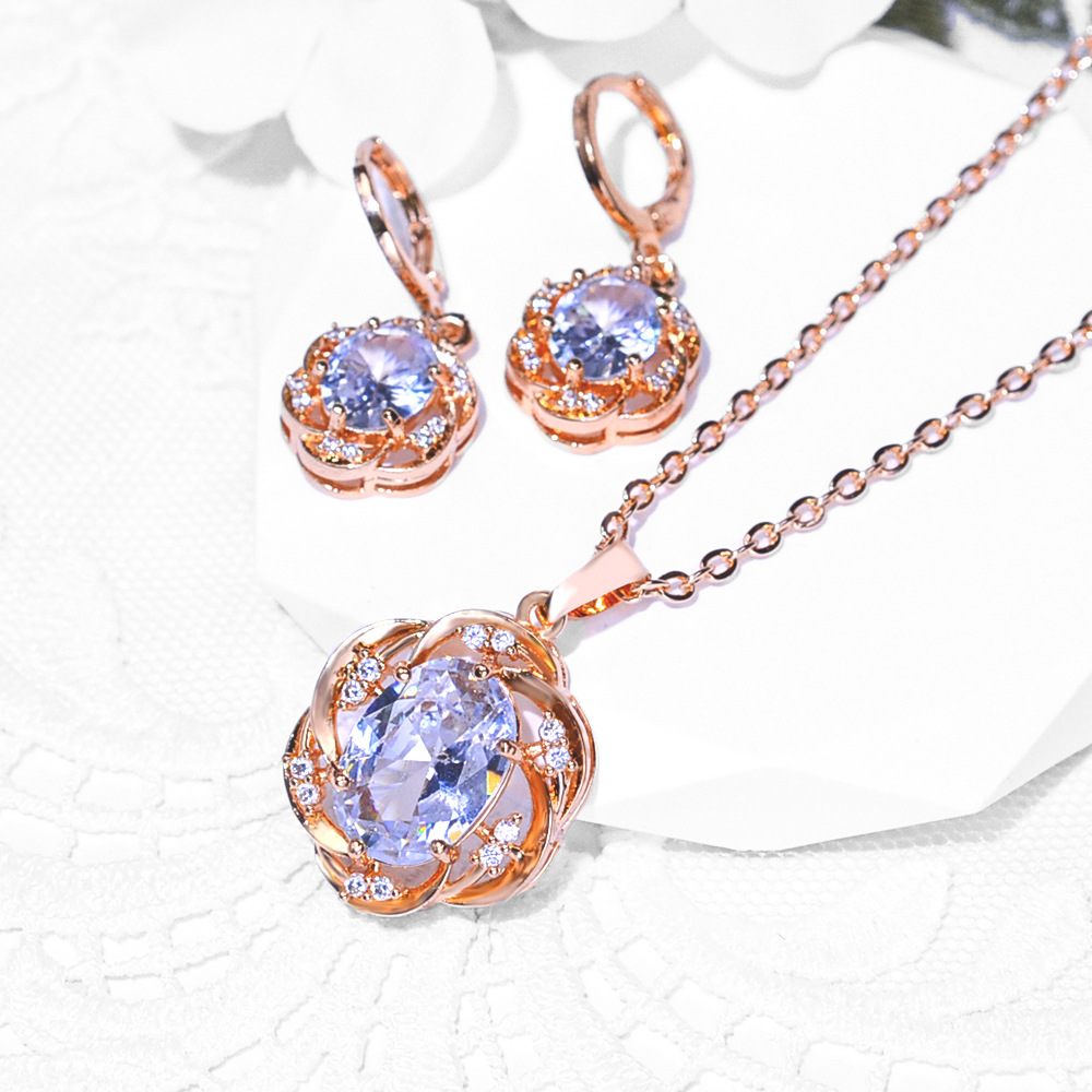 Europa y América de moda bronce incrustado gran pendientes de zircon collar conjunto de joyería pendientes de mujer colgante hermosa joyería transfronteriza