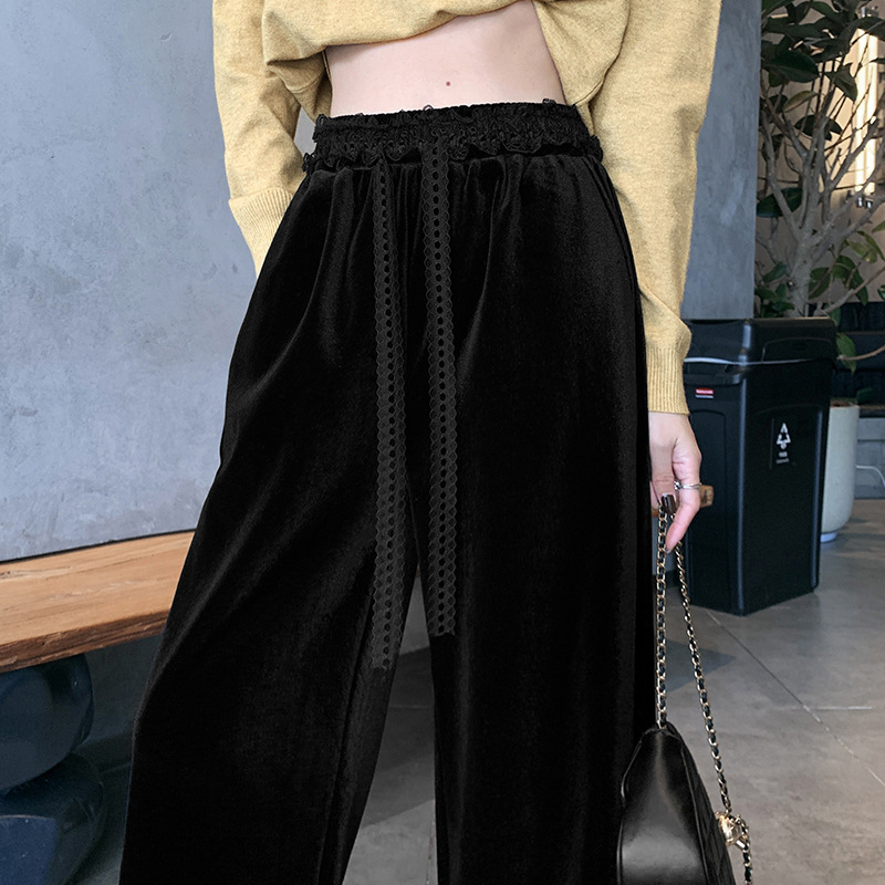 Velvet Wide-Leg Pants for Women 2026 Spring and Autumn Season High-End Black Drapey Tall Narrow-Fit Straight Pants