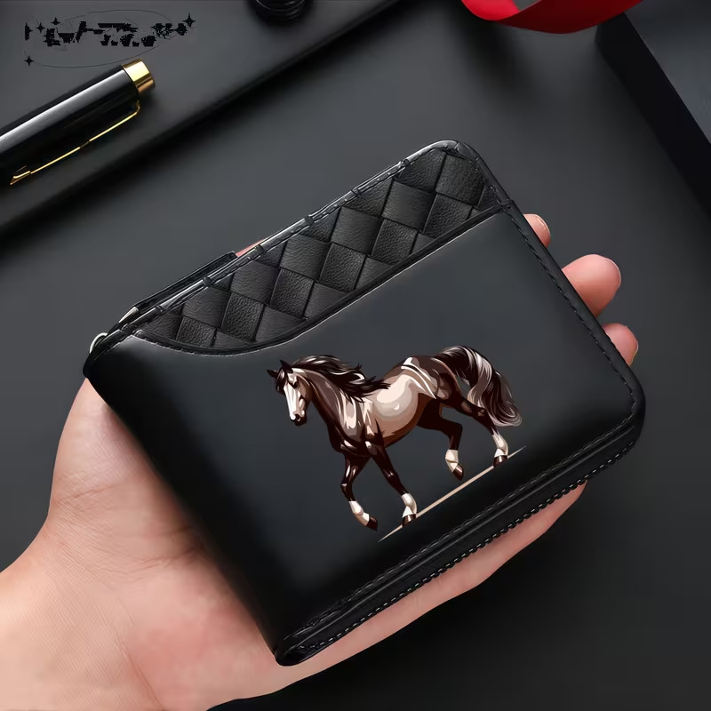Men's Short Wallet PU Leather Zipper Style Horse Pattern Multi-Card Slot Wallet Black Fashionable Men's Wallet