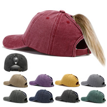 外贸款马尾棒球帽子女跨境款复古水洗牛仔鸭舌帽亚马逊破旧太阳帽