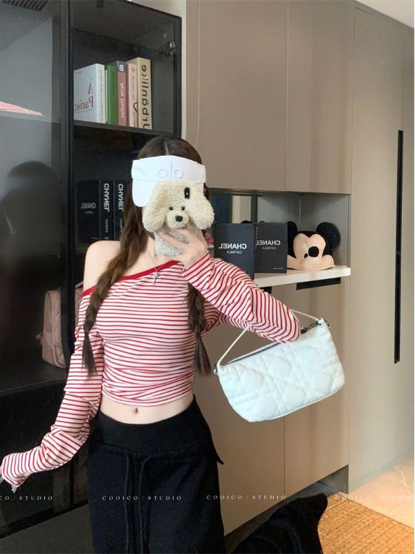 粉色条纹斜肩长袖T恤女装秋季纯欲风收腰修身紧身短款小个子上衣|undefined