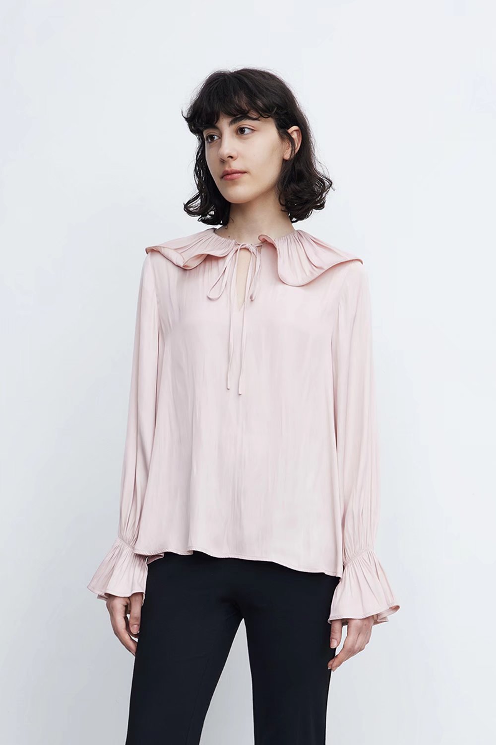 Long Sleeve Lapel Lace-Up Solid Color Chiffon Top NSAM115611