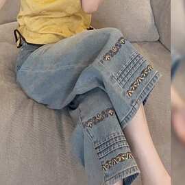 刺绣花边裤脚八分牛仔裤女年夏季薄款大码胖宽松直筒阔腿裤