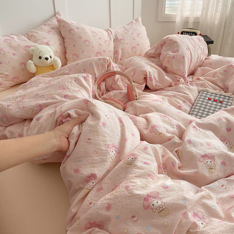 Class A Super Soft Waxy Mother and Infant Cotton Four-piece Set Washed Bed Sheet Thickened Quilt Cover Student Dormitory Three-piece Set Naked Sleeping Bed Cover 4